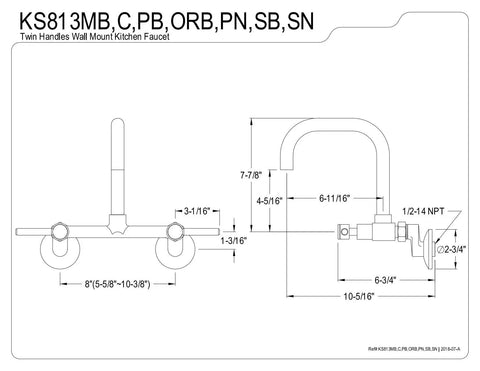 Technical drawing of Concord 8-Inch Adjustable Center Wall Mount Kitchen Faucet in Oil Rubbed Bronze with dimensions