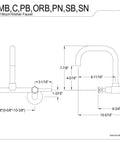 Technical drawing of 8-Inch Adjustable Center Wall Mount Kitchen Faucet Brushed Nickel Finish, Solid Brass Construction, No-Drip Ceramic Disc