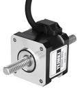 YEJMKJ NEMA 17 through-shaft stepper motor with threaded shaft, black housing, silver flange and attached cable (front view)