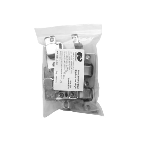 Solid Short Arm Inset Blind Corner Cabinet Hinges With Dead Silent Hydraulic Soft Close For Tight Nook Cupboards And Wardrobes 95 Degree Pivot Concealed 35mm Hardware Built To Last Pack Of Four in a clear plastic bag  with labels.