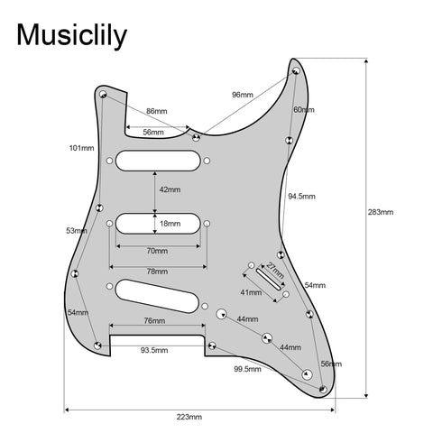 Diagram of Prewired SSS Pickguard For Strat Style Electric Guitars With Staggered Alnico 5 Single Coil Pickups layout and measurements.