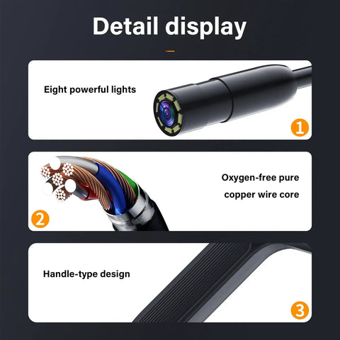 Image showing details of Workhorse Handheld Borescope Endoscope With 8mm Lens for industrial inspection with lights and copper wire core.