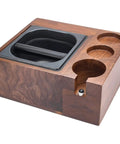 Rock Solid Espresso Knock Box With Detachable Dregs Bin And Anti Slip Base Stainless Steel Tamping Platform No Stress Cleanup Steady Gear For Daily Grind wooden base with removable black knock bin and accessory trays.