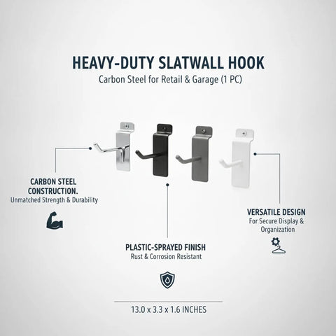 Heavy Duty Slatwall Hook Carbon Steel For Retail Displays And Garage Organization, multiple color hooks with description