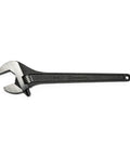 Heavy-Duty Adjustable Black Oxide Wrench With Tapered Handle And Hex Jaw Design For Slippage-Free Tightening, Ergonomic Wide-Grip 18 Inch Boxed Home Improvement And Garage Hand Tool shown flat on surface.