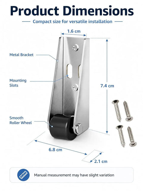 Rock Solid Vertical Track Roller Wheels With Thick Rubber Casters For Zero Sag Barn Doors And Ride Smooth Sliding Door Hardware Replacement Two Pack, dimensions with metal bracket and roller wheel.