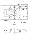 Technical drawing of Motorized Rotary Positioning Stage NT03RA200S Precision Electric Rotary Table For High Precision Positioning, Hollow Design, Worm Gear Transmission, Optical Alignment Platform, Horizontal Angle Control, Smooth Movement And Repeatable Angles showing dimensions and structural details.