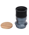 Solid Manual Single Dose Coffee Grinder Featuring Smooth Burr Mechanism And Silicone Bellow Blower For Hassle Free Cleanup Walnut Wood Lid Aluminum Frame, grey and walnut with rubber siding.