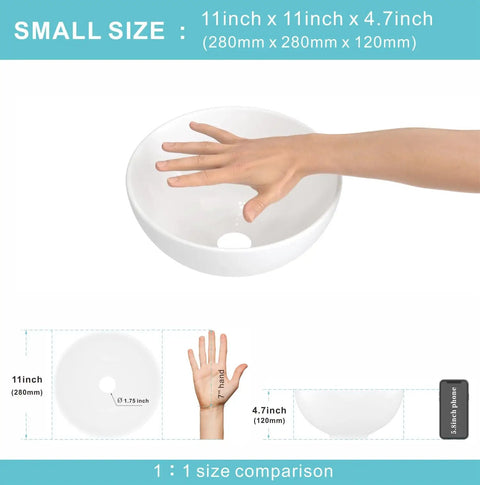 11 Inch Vessel Sink Bowl For Small Bathrooms, Above-Counter Round White Ceramic Lavatory Wash Basin with hand size comparison