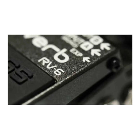 Close-up of RV-6 Reverb Guitar Pedal With Eight Sound Modes Mono Or Stereo Operation Expression Pedal Input Compact And Versatile