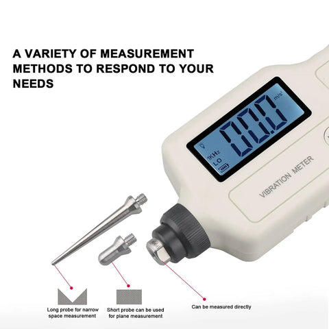Pro Grade Handheld Digital Vibration Meter Tester Knocks Out Bearing Faults While Measuring Acceleration And Speed With Slick Probe For Heavy Duty Mechanical Diagnostics with long and short probes.