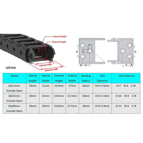 1 Meter Open Type Drag Chain Cable Carrier With 10x11mm Internal Size For 3D Printers And CNC Machines diagram and dimensions