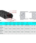 Diagram of 1 Meter Long Drag Chain Cable Carrier Open Type 10x20mm R18 For 3D Printers And CNC Machines measurements