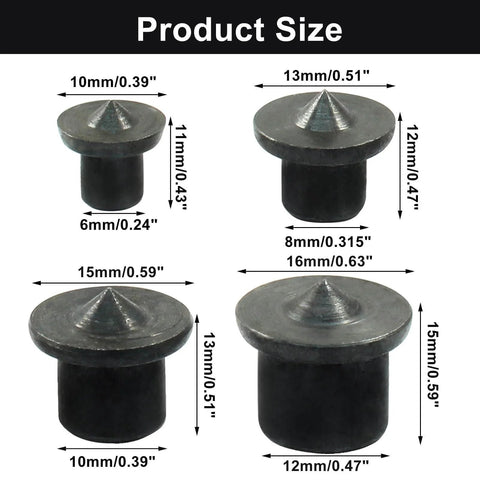 Pro Grade Dowel And Tenon Center Transfer Plugs Set With Black Centering Pins showing four sizes for accurate drill holes in woodworking