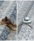 Premium Galvalume Roof Screw Caps To Cover Exposed Hardware Without A Sweat And Deliver A Knockout Waterproof Shield For Outdoor Shingles Patios And Fix Ups; before and after of rusty screw covered with new metal cap.