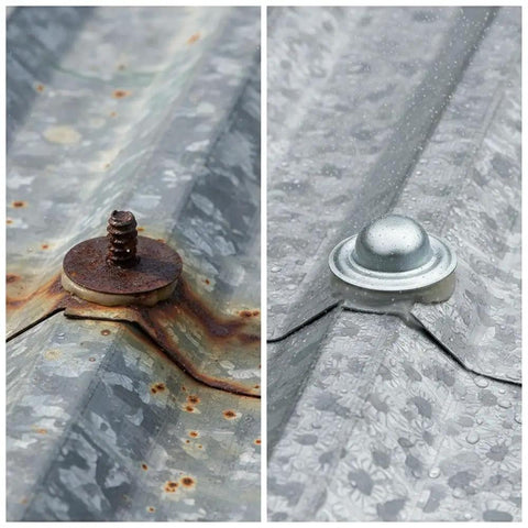 Premium Galvalume Roof Screw Caps To Cover Exposed Hardware Without A Sweat And Deliver A Knockout Waterproof Shield For Outdoor Shingles Patios And Fix Ups; before and after of rusty screw covered with new metal cap.