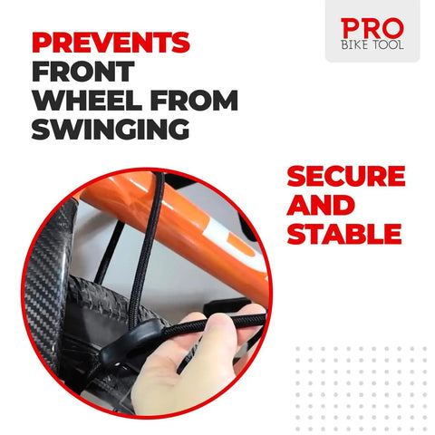 Up-close view of the sturdy steel wall mounted bike rack holding a bike securely with adjustable arm angles and ratchet gear hanger.