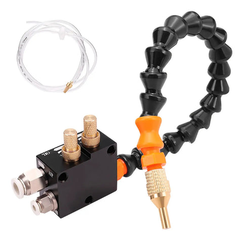Heavy Duty Acid Resistant Coolant Sprayer With Adjustable Nozzle And Slick Mist Setup For Drill Presses and Workshop Lubrication, including tubing.