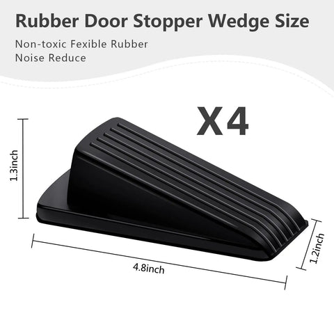 Four Pack Premium Rubber Door Stoppers Wedge Set dimensions and non-slip features displayed.