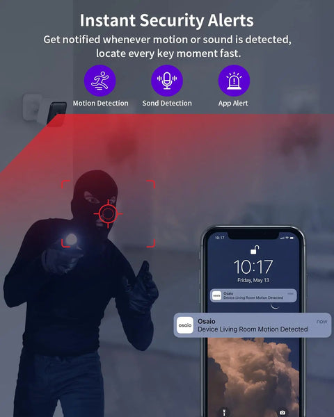 Indoor Security Camera And Baby Monitor All In One 1080P HD WiFi Setup With Night Vision, Motion And Sound Alerts interface shown on phone