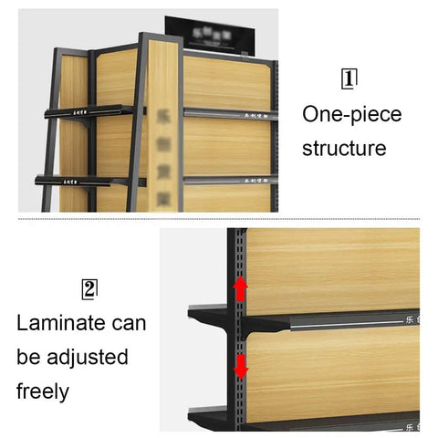 Heavy Duty Four Tier Metal Storage Shelves Double Sided Adjustable Supermarket Rack showing one-piece structure and adjustable laminate design.