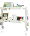 White Clamp On Desk Shelf Organizer With Adjustable Two Tier Metal Rack, stationery and hooks visible, durable mesh design