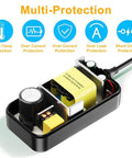 Internal view of 12V 2A Power Supply Adapter highlighting multi-protection features, including temperature and short circuit protection.