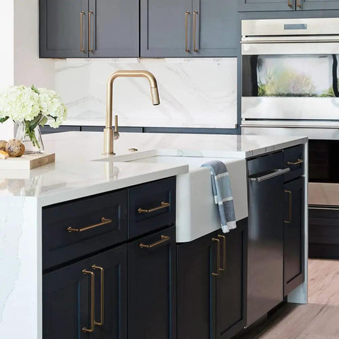 Kitchen with dark cabinets featuring Six Pack Cabinet Pulls Center To Center Seven And Nine Sixteenths Inch Warm Champagne Bronze