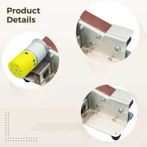 Close-up of heavy duty mini electric belt sander grinder set, showcasing copper motor and metal structure for benchtop use.