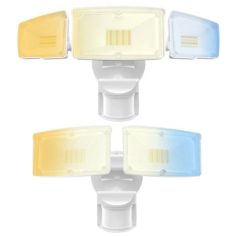 Beast Bright 4600 Lumen Motion Sensor Security Flood Light Outdoor 40W 300W Equivalent With 3 CCT Selectable Colors 5000K 4000K 3000K IP65 Waterproof Black Weatherproof Outdoor Lighting For Homes showing dual light heads with color options.