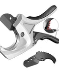 Ratcheting PVC Pipe Cutter With Soft Grip Handle, Cuts Up To 1-5/8 Inch (42mm), showcasing SK5 blade and ratchet mechanism