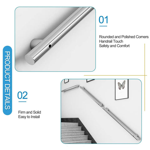 Rock Solid Wall Mounted Stair Railing In Rust Proof Stainless Steel For Indoor And Outdoor Safety Handrail slick silver finish, polished design.