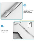 Rock Solid Wall Mounted Stainless Steel Stair Railing Featuring Secure Grip For Indoor Outdoor Steps No Sweat Installation Heavy Duty Silver Round Safety Handrail shown with rounded corners and polished finish.