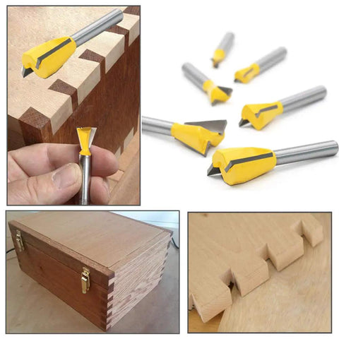 Premier Heavy Duty Dovetail Router Bit Set Six Piece Collection With One Quarter Inch Shank equipped with carbide blades in use.