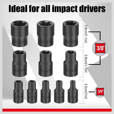 11-Piece E-Torx Socket Set With Rail And Organizer External Sockets E4 To E20 Drop-Forged Chrome Vanadium Steel Black Finish