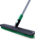 Extra Wide Floor Scrub Brush With Long Telescoping Handle 15 Inch Wide Deck Head 2 In 1 Scrubber Stiff Bristles And Rubber Squeegee