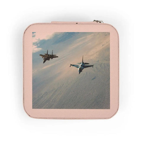 Flying F15 And F16 Jet Aircraft Jewelry Travel Case Pink, Compact 4 x 4 x 2 Inch Travel Jewelry Organizer With Soft Plush Lining