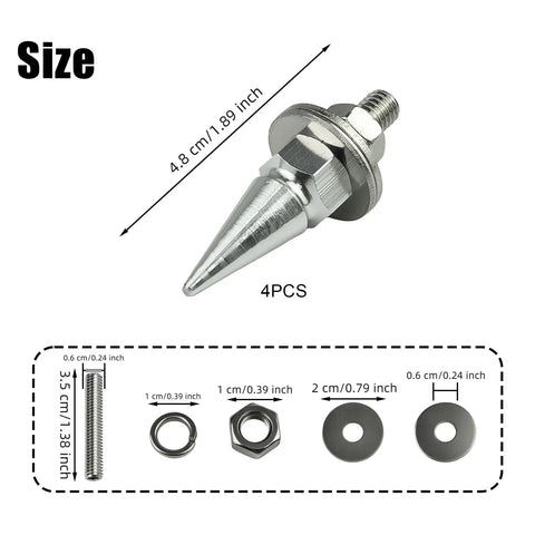 Dope Swap Proof Anti Theft License Plate Bolt Kit Featuring Sharp Spike Fasteners Universal Auto Hardware Set For Personal Rides Trucks SuVs And Street Machines In Silver, size details with spike fasteners.