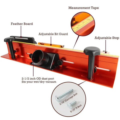 Heavy Duty 32 Inch Router Table Fence System with Premium Steel Rail showcases adjustable features and dust port.