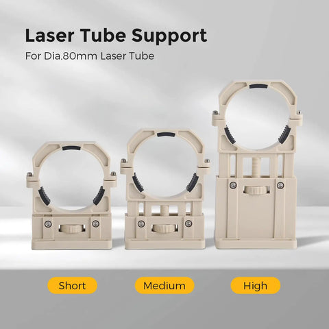 Must Have Adjustable CO2 Laser Tube Mount Holder For 80mm Tubes With Micro Height Adjustment And 45 Degree Reflector Alignment Includes 2 Mounts Pre Drilled Holes And Screws Compatible With Laser Engraving And Cutting Machines showing three beige mounts in different sizes suitable for 80mm tubes