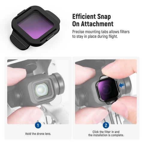 Drone ND Filter Set For DJI Flip And Lito X1 Drones Snap On Multicoated HD ND8 ND16 ND32 ND64 ND256 Plus CPL Polarizer being attached
