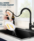 Friho Matte Black Kitchen Faucet with Pull Down Sprayer in action, pouring water over a dish in a modern kitchen sink.