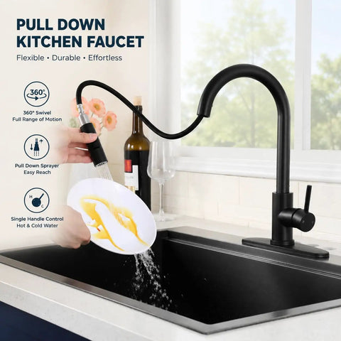 Friho Matte Black Kitchen Faucet with Pull Down Sprayer in action, pouring water over a dish in a modern kitchen sink.