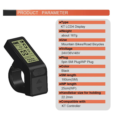 KT-LCD4 Ride-Ready Bicycle Display Meter for Electric Bikes with product specifications on digital screen, black, waterproof, 24V 36V 48V