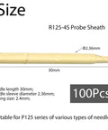 Pro Grade Test Probe Pogo Pin Receptacle Kit For PCB Conductive Testing, R125-4S Probe Sheath with dimensions and details.