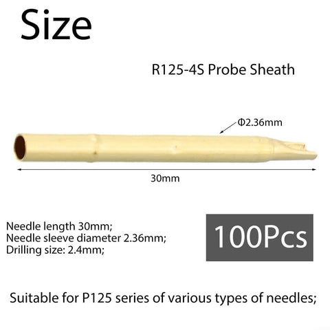 Pro Grade Test Probe Pogo Pin Receptacle Kit For PCB Conductive Testing, R125-4S Probe Sheath with dimensions and details.