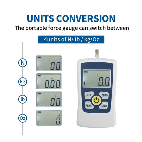 Digital Force Gauge Dynamometer For Push And Pull Testing Budget Friendly 500N Unit With Real Time Peak And First Peak Modes Four Units N Kg Lb Oz And Custom Acceleration Setting For Precise Compression Readouts. White handheld digital force gauge display with unit conversion