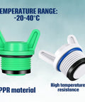 10 Pack 3/4 Inch NPT Garden Hose Plugs Set in white and green PPR tubing stopper drain caps showing temperature range -20 to 40°C.