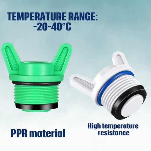 10 Pack 3/4 Inch NPT Garden Hose Plugs Set in white and green PPR tubing stopper drain caps showing temperature range -20 to 40°C.