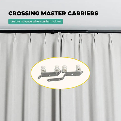 Adjustable Traverse Curtain Rod With Track System Extends From 47 To 86 Inches For Thick Curtains Up To 40 Lbs In Black Aluminum Heavy Duty And No Fuss Easy Install, crossing master carriers